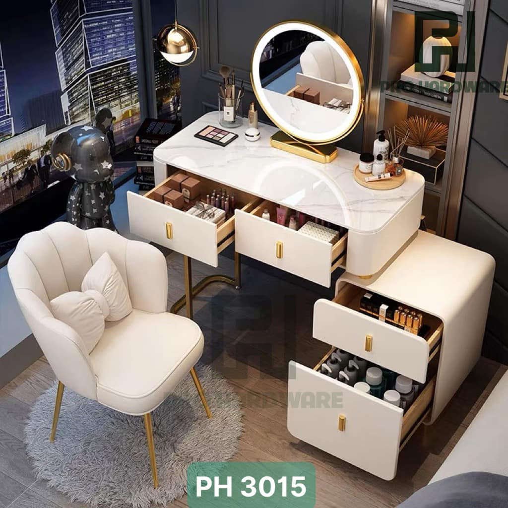 Bàn trang điểm phong cách Châu Âu Cao cấp 🌸 Gương Mây, Sạc Không Dây USB, Tích hợp loa Bluetooth Stereo