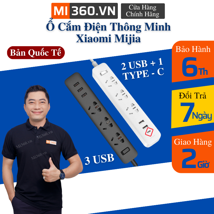 Ổ Cắm Điện Xiaomi Power Strip 3 USB 3 Outlet - BH 6 Tháng - Mi 360 Chính Hãng