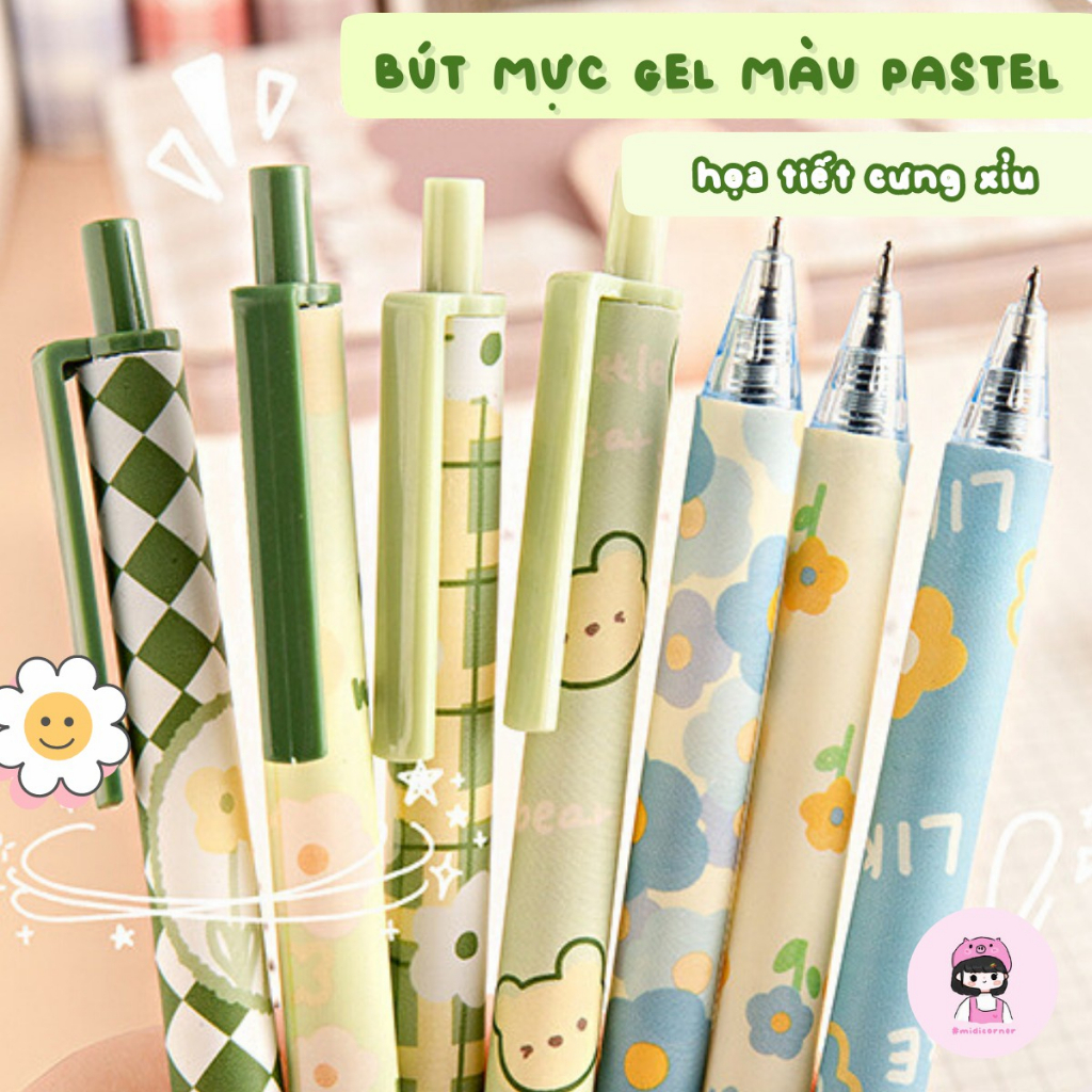 Set 4 Bút Mực Gel Ngòi 0.5mm Pastel Họa Tiết Hoa Đáng Yêu Dễ Thương Midi Corner