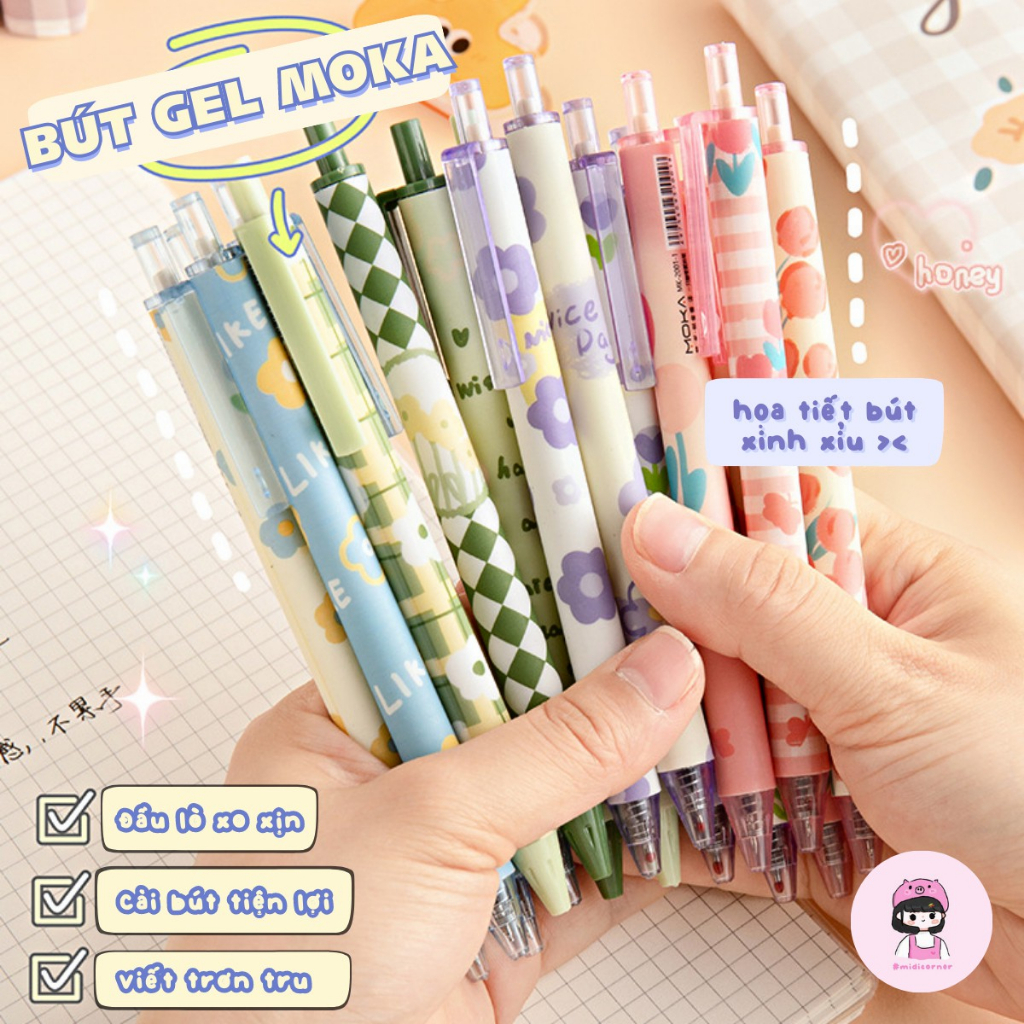 Set 4 Bút Mực Gel Ngòi 0.5mm Pastel Họa Tiết Hoa Đáng Yêu Dễ Thương Midi Corner