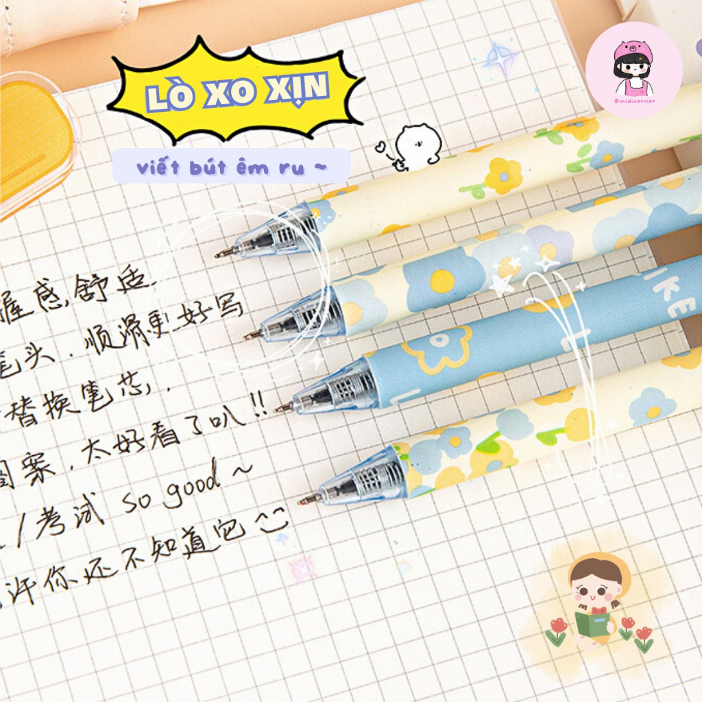 Set 4 Bút Mực Gel Ngòi 0.5mm Pastel Họa Tiết Hoa Đáng Yêu Dễ Thương Midi Corner