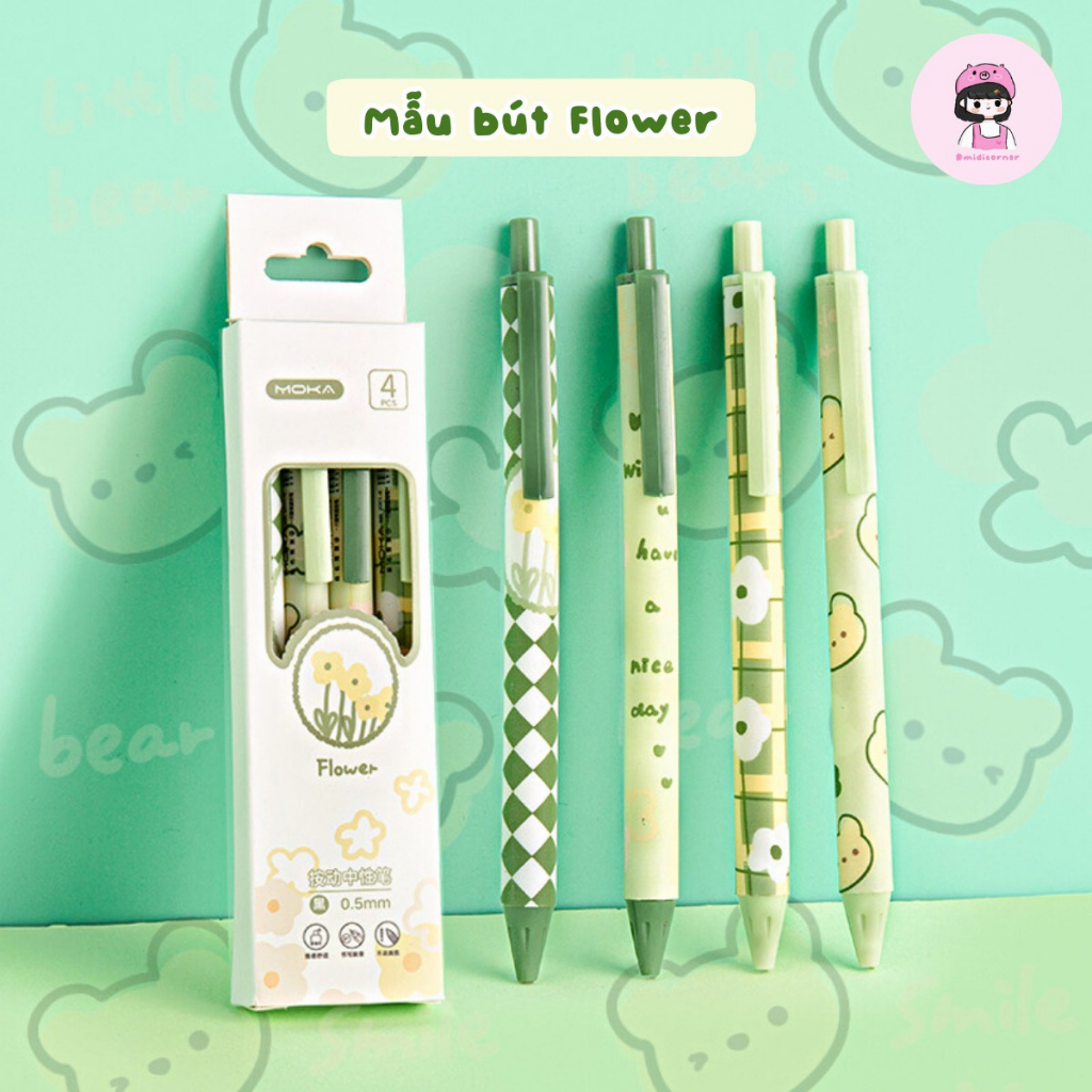 Set 4 Bút Mực Gel Ngòi 0.5mm Pastel Họa Tiết Hoa Đáng Yêu Dễ Thương Midi Corner