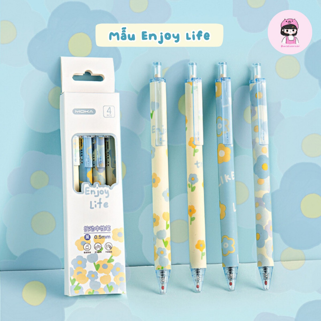 Set 4 Bút Mực Gel Ngòi 0.5mm Pastel Họa Tiết Hoa Đáng Yêu Dễ Thương Midi Corner