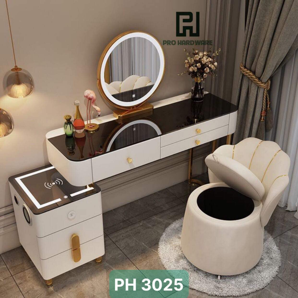 Bàn trang điểm phong cách Châu Âu Cao cấp 🌸 Gương Mây, Sạc Không Dây USB, Tích hợp loa Bluetooth Stereo