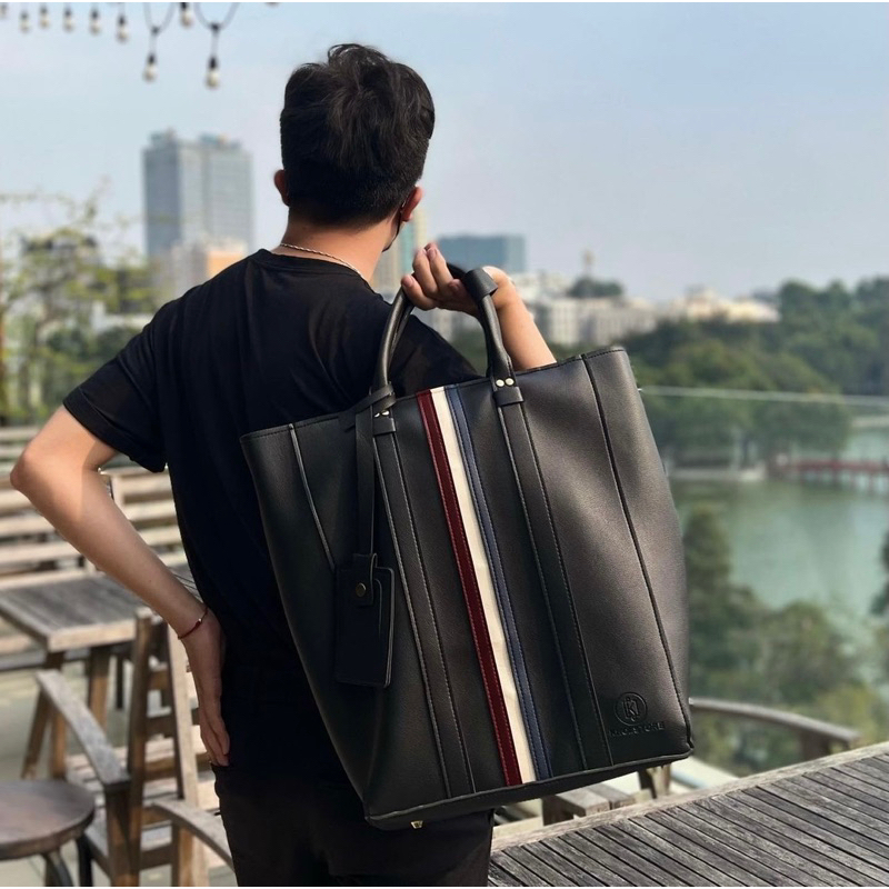 Túi da KHÔISTORE | Stripes_Balo túi xách đeo chéo_Túi thiết kế_Hàng thủ công_Túi laptop_Thời trang_Màu đen kẻ sọc