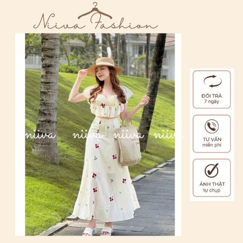 Set Bộ Váy Dài, Bộ Áo Croptop Bèo Vai Kèm Chân Váy Midi Dáng Dài Chất Thô Thêu Hàng Đầm Maxi Đi Biển Thiết Kế 2 Lớp