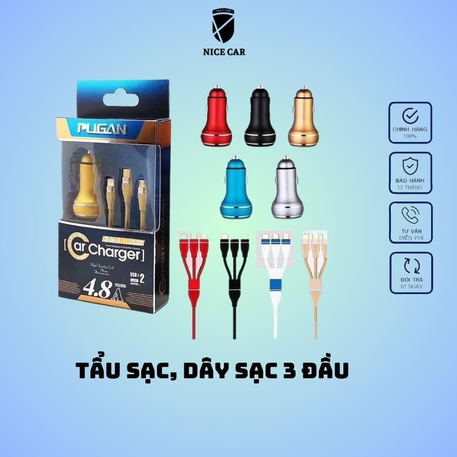 Tẩu Sạc, Dây Sạc 3 Đầu PUGAN, Sạc Nhanh Điện Thoại Và Thiết Bị Điện Tử Trên Ô Tô - Bộ Sạc 3 Trong 1 Cao Cấp