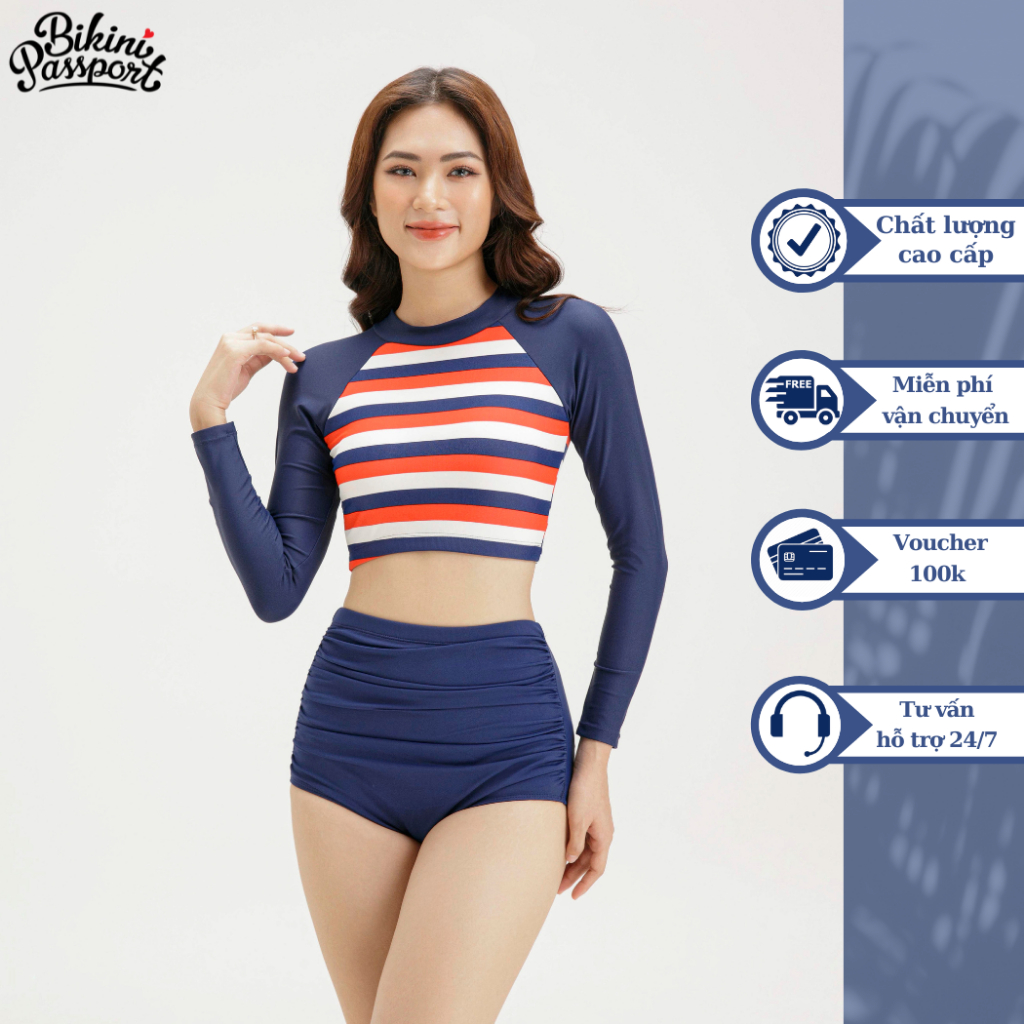 Áo bơi Nữ BIKINI PASSPORT kiểu dáng tay dài Basic - màu Kẻ sọc - BS202_STR