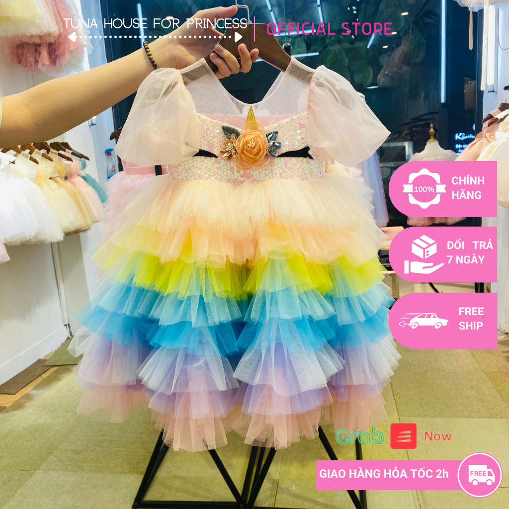 Váy đầm xoè công chúa thiết kế cho bé gái ngựa kì lân pony Unicorn kim sa - Tuna House For Princess