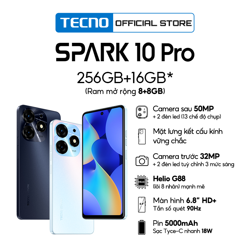 [TẶNG TÚI TECNO] Điện thoại Tecno SPARK 10 Pro 8GB/256GB - Helio G88 | 5000 mAh | Sạc nhanh 18W