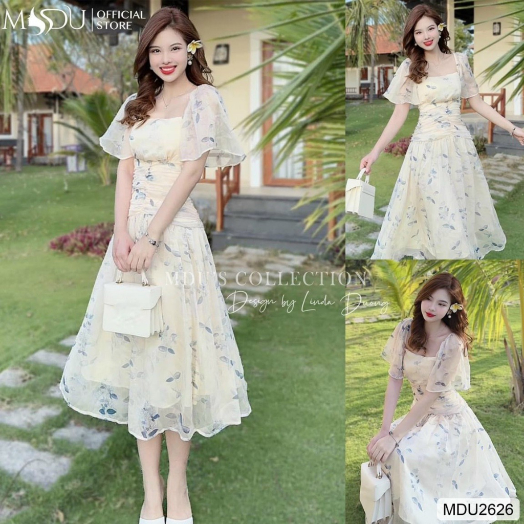 Váy đầm voan hoa tay bèo xếp ly eo (có mút) phù hợp cho nàng đi chơi đi tiệc cực xinh