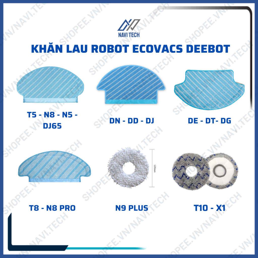 Phụ kiện robot hút bụi  Ecovacs Deebot T5, T8, N8, DN, DJ, DT, DE, N5,T9, N9+, T10, X1 khăn lau, giẻ lau