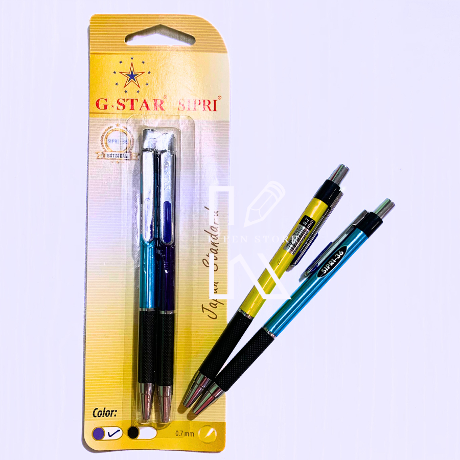 Vỉ 2 cây viết bi mực xanh Gstar Sipri - 36 xuất xứ Thái Lan - VPP Happy Kids