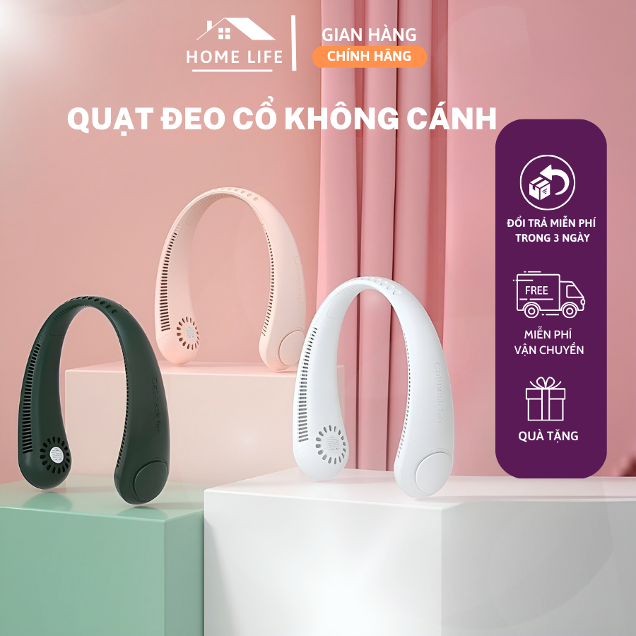 Quạt đeo cổ tích điện không cánh Mini, Quạt đeo cổ không cánh dung lượng pin 4000mAh 3 cấp độ gió đa chiều chạy êm