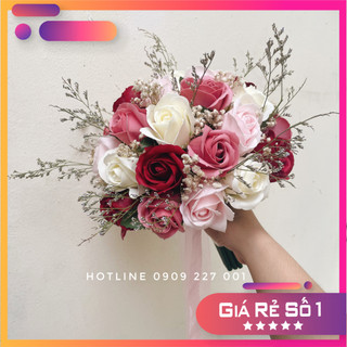 Hoa cưới cầm tay cô dâu hoa hồng bằng sáp thơm màu pastel điểm baby khô sao khô tặng cài chú rể