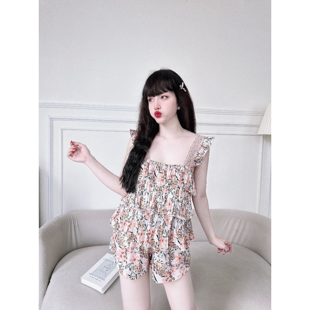 Bộ đồ ngủ nữ cao cấp chất liệu lụa xước tầng rập li mềm mại thoáng mát không xù nhăn s726 - Đồ ngủ xinh Vy Linh
