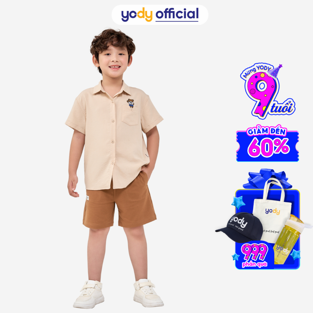 Áo sơ mi trẻ em YODY tay ngắn thêu gấu mặc đi học đi chơi - SMK6006