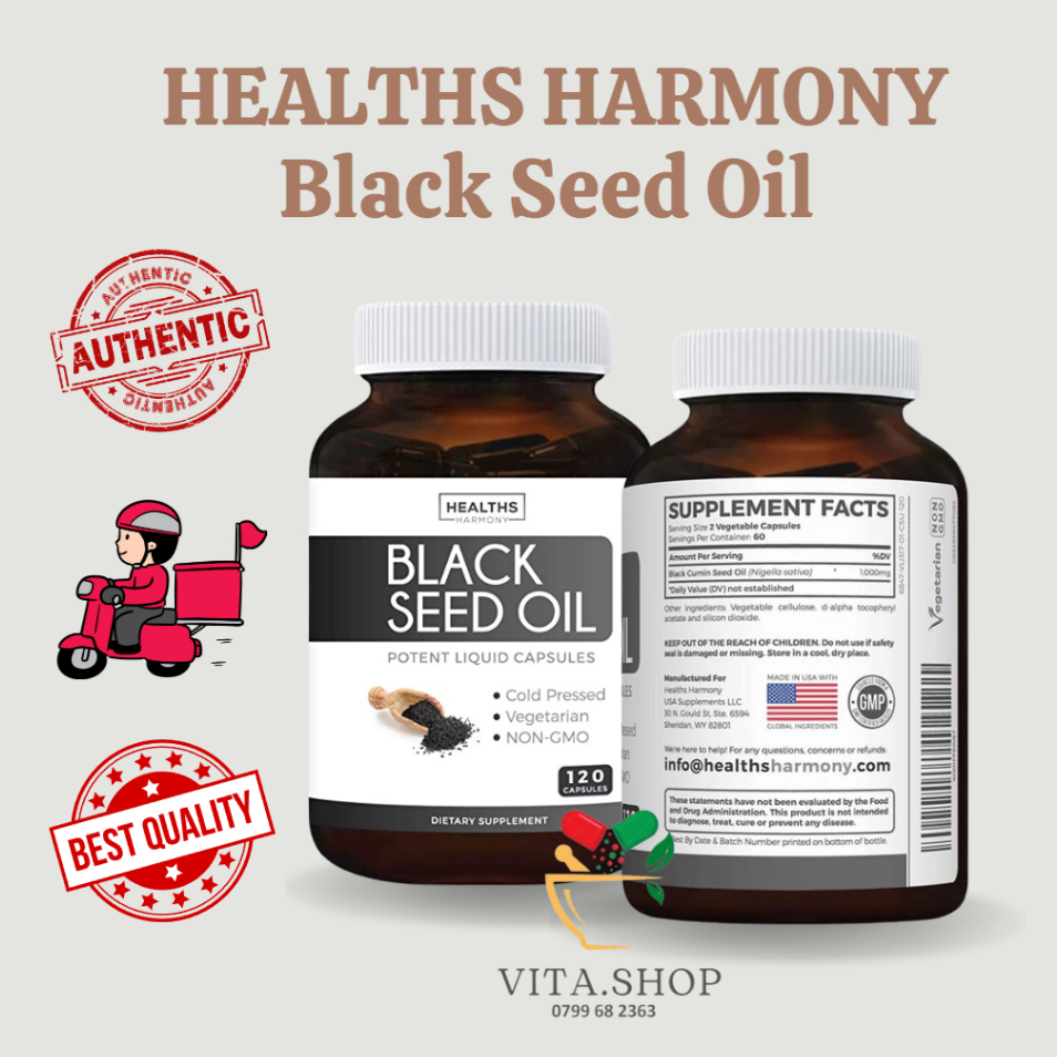 Healths Harmony Black Seed Oil 1000mg Viên dầu hạt thì là đen giúp đẹp da, móng, tóc, và chống oxy hóa 120 viên
