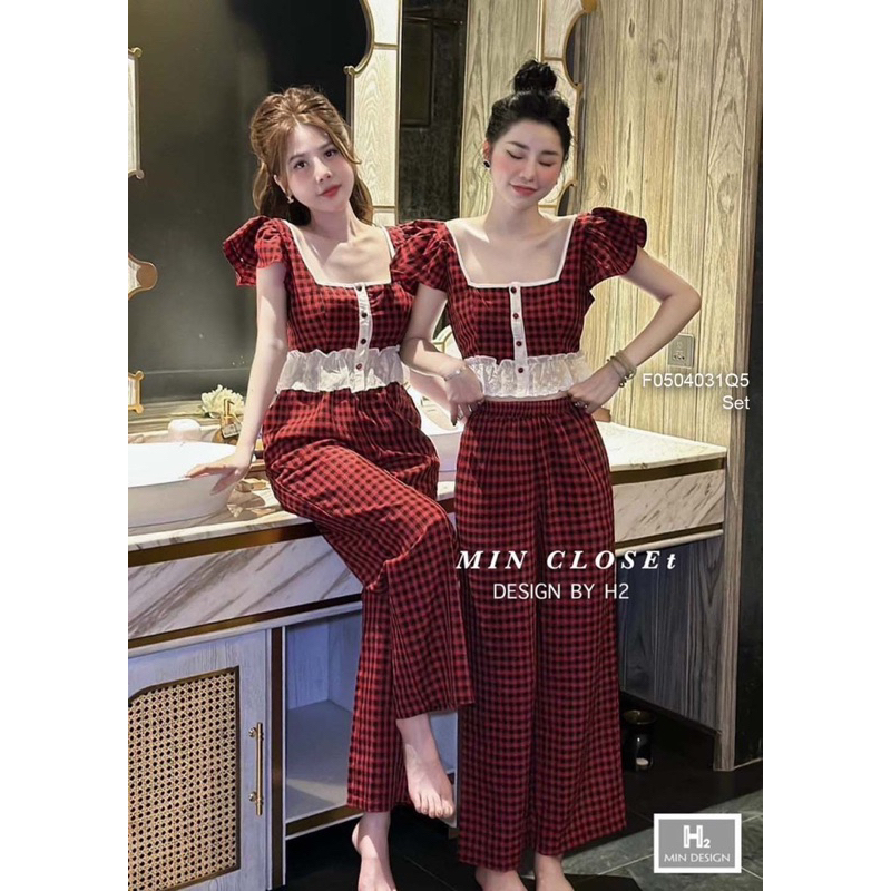 Set bộ kẻ caro đỏ áo nút croptop lai phối xô trắng cổ vuông tay bèo cánh tiên kèm quần suông hàng QC tôn dáng transtore