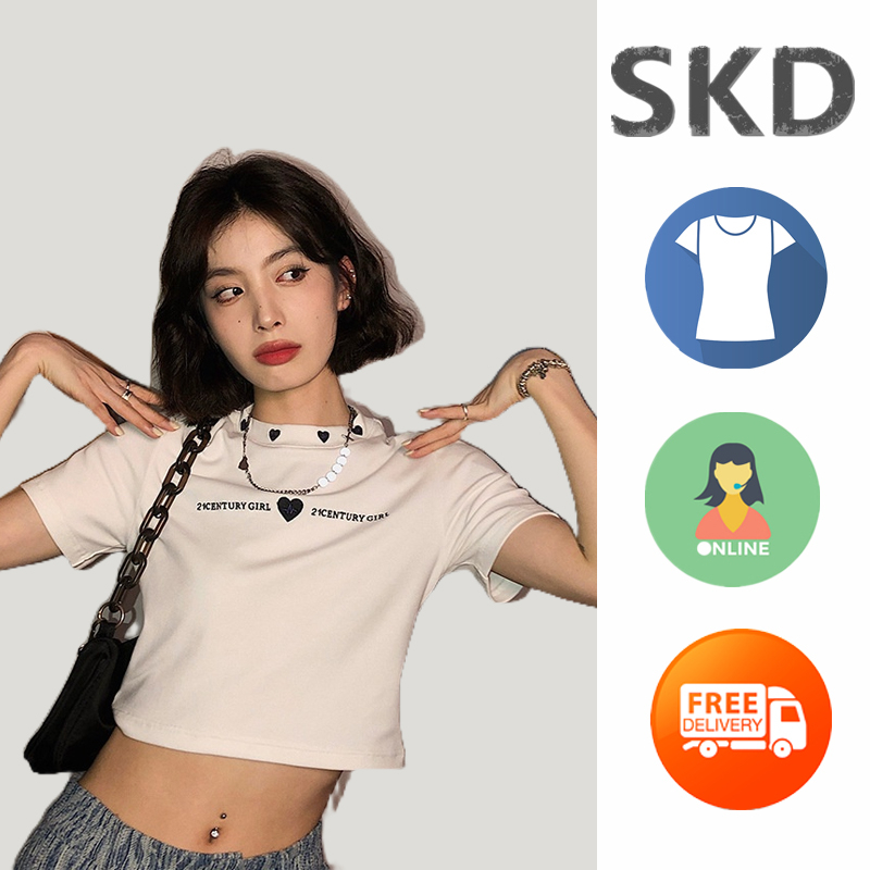 SKD áo ngắn tay nữ áo cổ tròn áo croptop ôm eo áo phông nữ đẹp croptop rộng