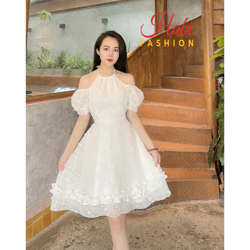 Váy trắng tiểu thư dự tiệc cổ yếm trễ vai mặc 2 kiểu nhẹ nhàng thêu hoa dáng xinh Hàn Quốc