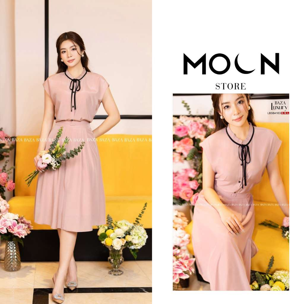 Váy công sở nữ liền thân, đầm xòe thiết kế chất lụa ướt thắt eo dáng dài sang chảnh LBSB4163 Moon