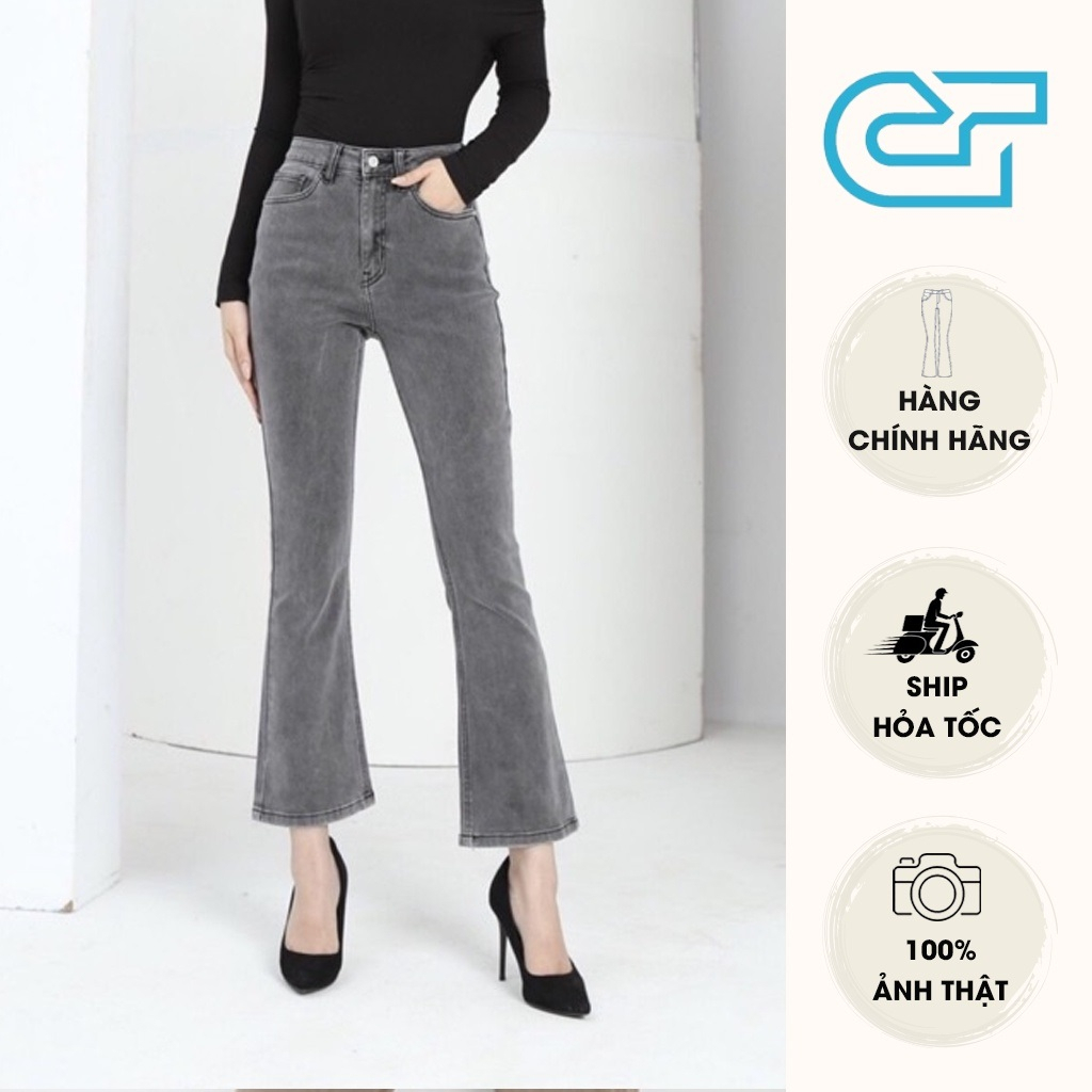 Quần Jean Nữ Ống Loe Xám Khói Cạp Cao Vải Xuất Xịn Co Giãn Gấu Thường CT Jeans