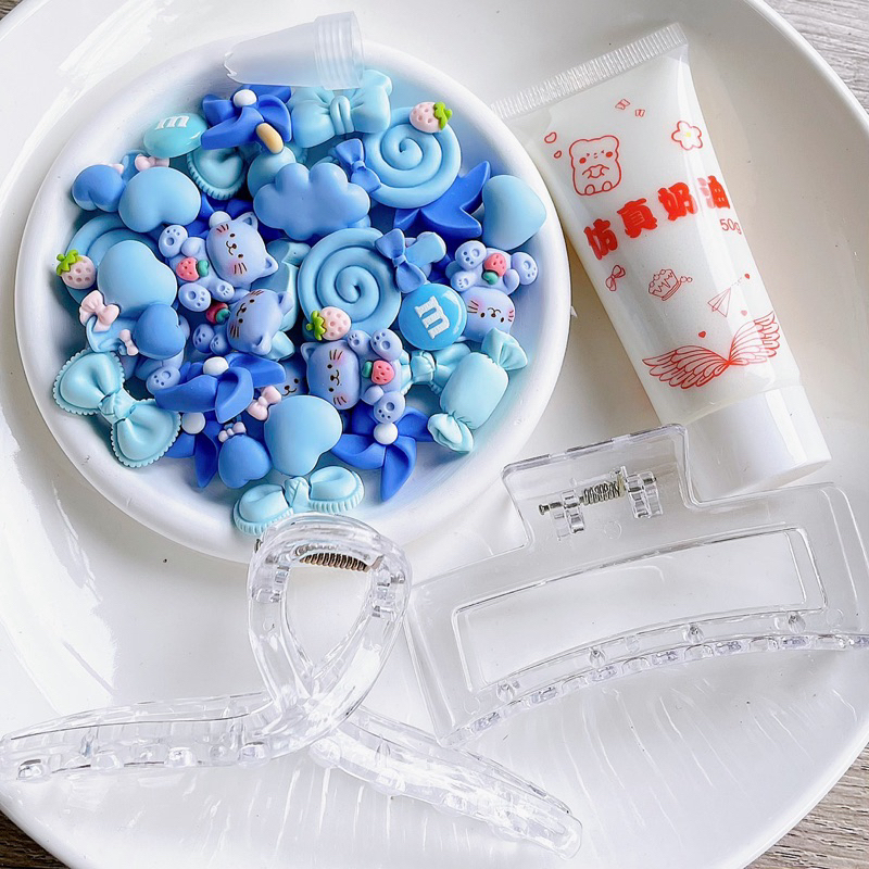 Bộ nguyên liệu 2 kẹp tóc tự làm bằng keo kem và charm trang trí  L030