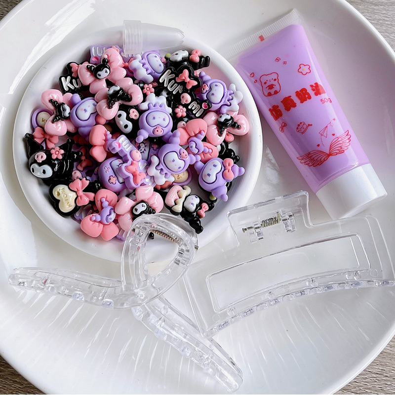 Bộ nguyên liệu 2 kẹp tóc tự làm bằng keo kem và charm trang trí  L030