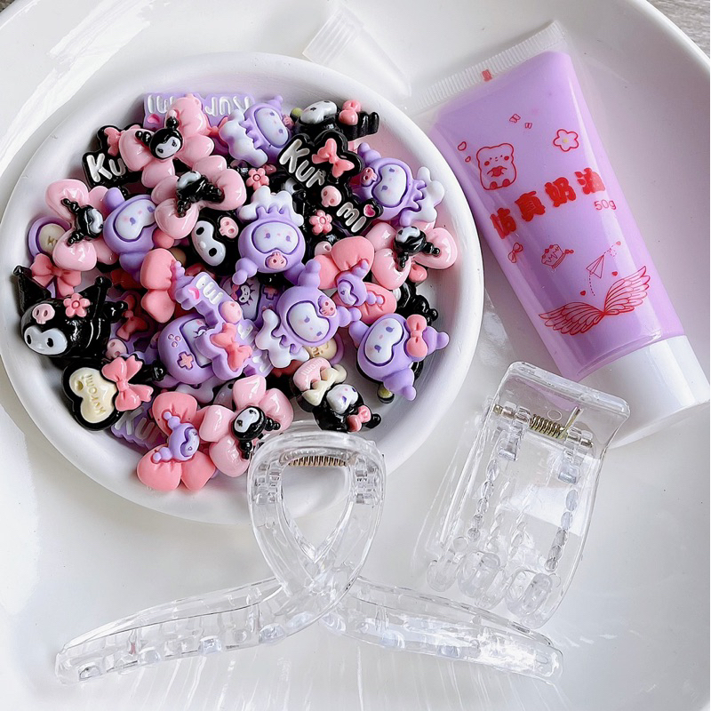 Bộ nguyên liệu 2 kẹp tóc tự làm bằng keo kem và charm trang trí  L030