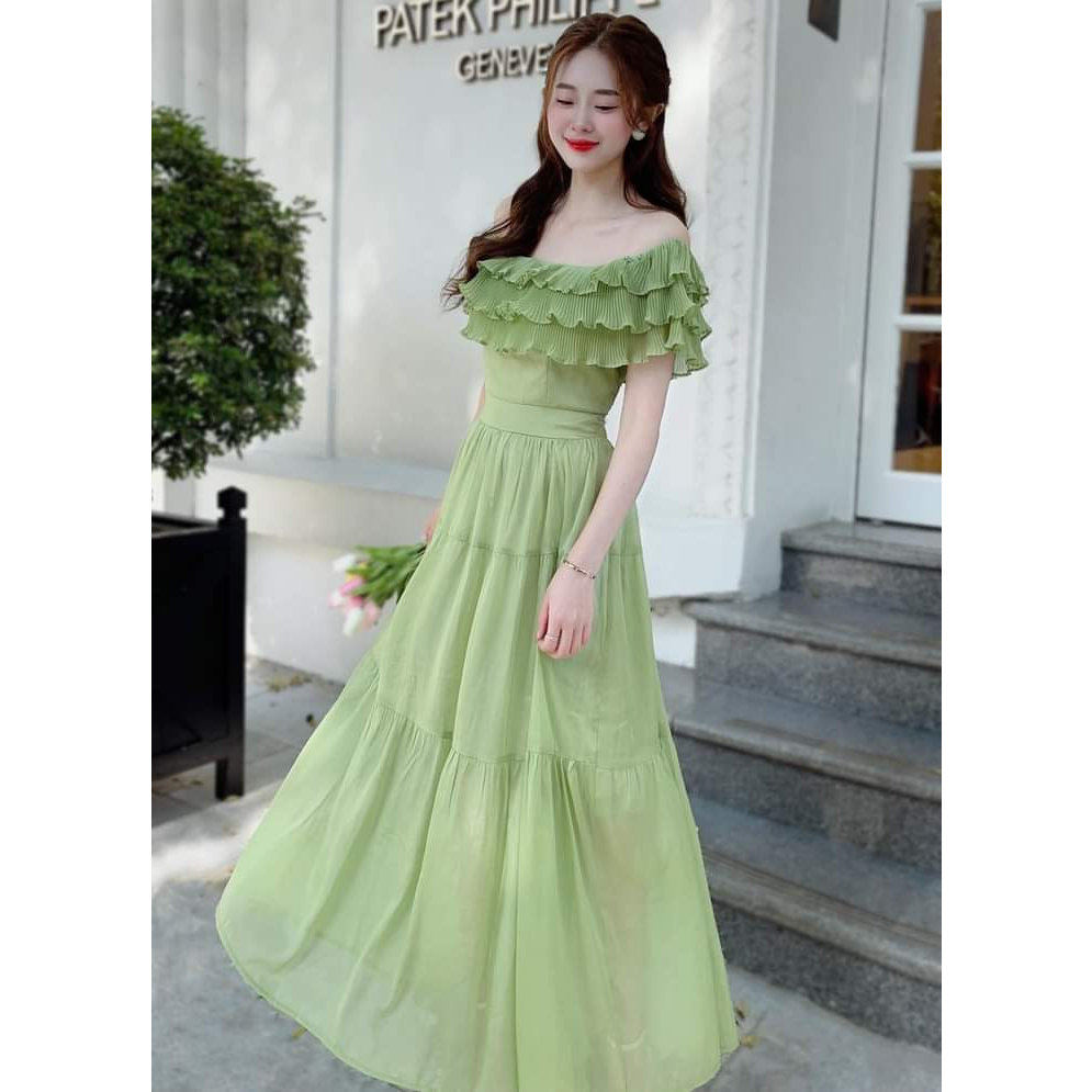 Đầm maxi trễ vai chất voan xanh QB05 thiết kế ôm eo, dáng dài sang chảnh, phù hợp du lịch, check-in - Hàng thiết kế 100%