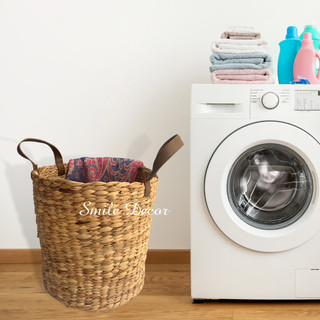 Giỏ đựng quần áo Smile Decor , giỏ giặt , giỏ đựng đồ đan lục bình có quai cầm giả da sang trọng
