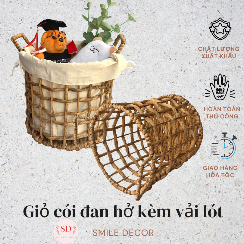 Sọt lục bình đựng đồ đa năng Smile Decor đan hở có tay cầm kèm vải lót - Water hyacinth baskets with handles
