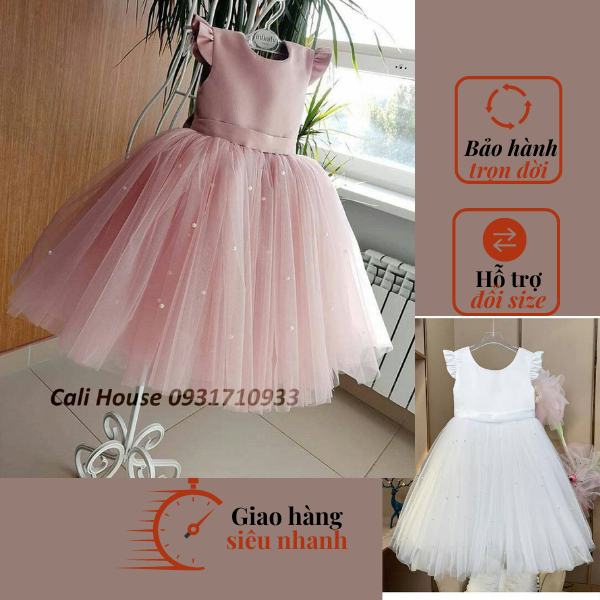 Đầm váy công chúa cho bé gái, dáng xòe, váy trắng, váy hồng, kiểu dáng váy thiết kế cho bé gái dáng ngắn xòe bồng.