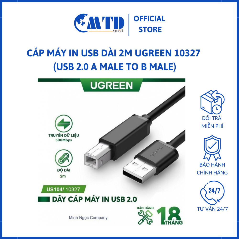 CÁP MÁY IN USB DÀI 2M UGREEN 10327 (USB 2.0 A MALE TO B MALE)