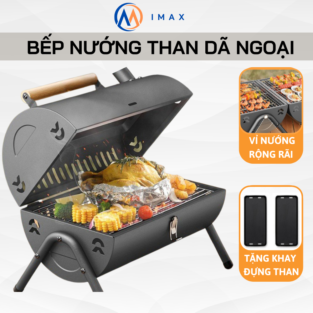 Bếp nướng than ngoài trời BBQ có ống khói, tặng vỉ nướng, khay than, chất thép không gỉ siêu bền