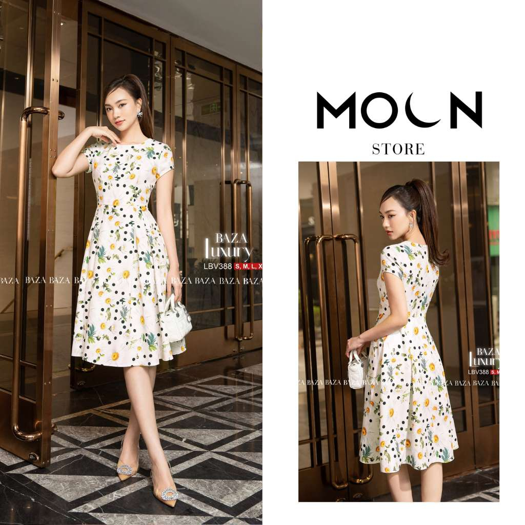 Váy công sở nữ liền thân, đầm xòe thiết kế thắt eo họa tiết dáng dài sang chảnh LBV388 Moon