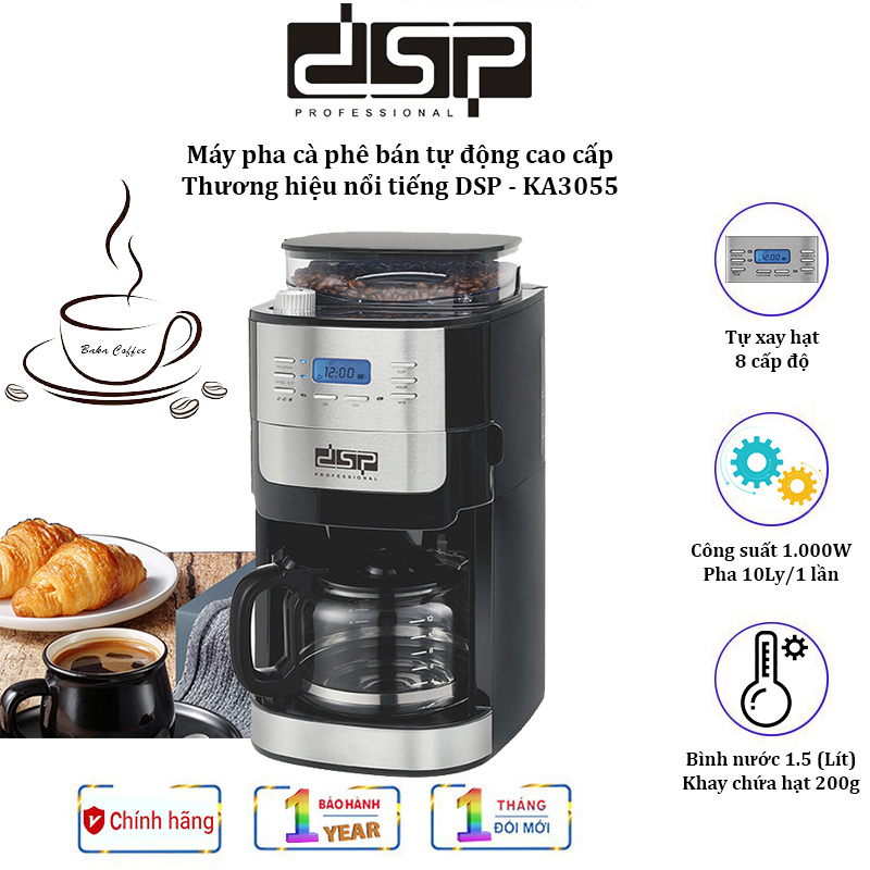Máy pha cà phê dạng hạt bán tự động DSP KA3055 tích hợp Tự động xay Công suất 1000W - BẢO HÀNH 1 NĂM