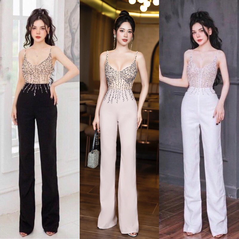 Jumpsuit hai dây đính đá cao cấp-TK TẶNG KÈM HOA TAI THỜI TRANG