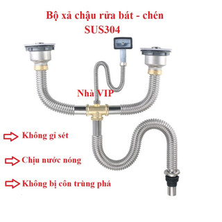 Bộ xả thoát nước đôi - đơn inox304, xi phông chậu rửa chén phi 110mm