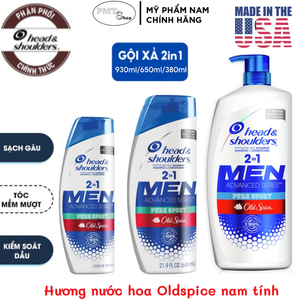 Dầu gội xả 2in1 Head & Shoulders men Old Spice Pure Sport 930ml 650ml 380ml sạch gàu hết nhờn ngứa Made in USA