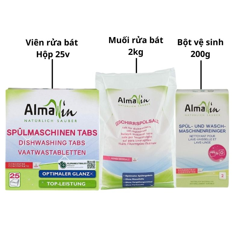 Viên rửa bát Hộp 25 viên 500g, Nước làm bóng 500ml, Muối rửa bát 2kg, Bột vệ sinh máy rửa bát 200g, Combo 3 tiện lợi