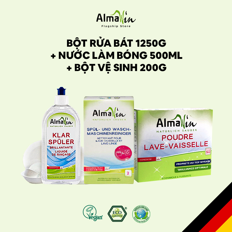Viên rửa bát Hộp 25 viên 500g, Nước làm bóng 500ml, Muối rửa bát 2kg, Bột vệ sinh máy rửa bát 200g, Combo 3 tiện lợi