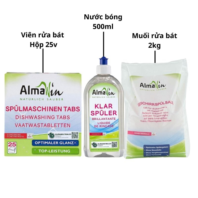 Viên rửa bát Hộp 25 viên 500g, Nước làm bóng 500ml, Muối rửa bát 2kg, Bột vệ sinh máy rửa bát 200g, Combo 3 tiện lợi
