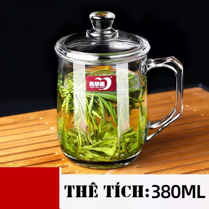 [LY ĐẸP GIÁ RẺ]Ly thủy tinh quai cầm có nắp thủy tinh cao cấp 380ML - Ly tách thủy tinh dày chịu nhi