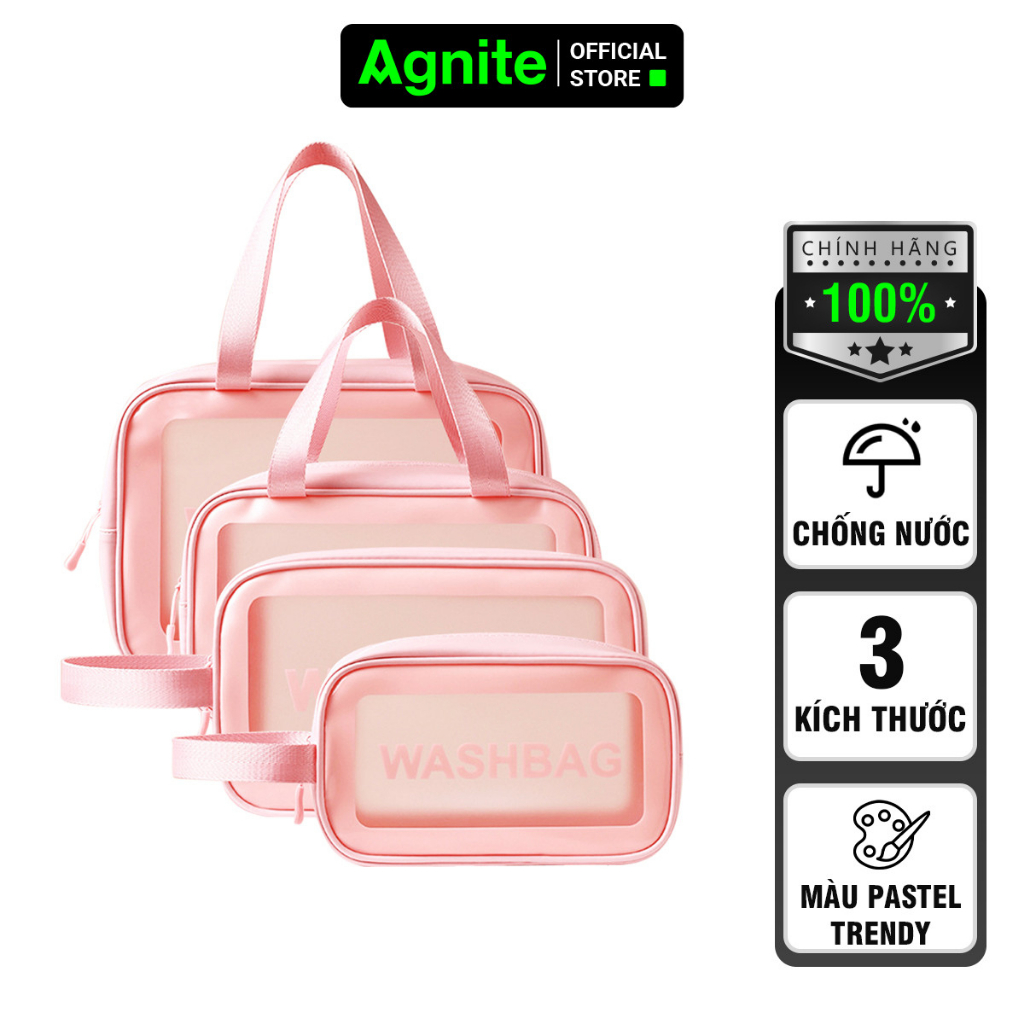 Túi đựng mỹ phẩm chống nước Agnite màu Hồng, túi WASHBAG tiện lợi đi du lịch, hoạt động ngoài trời - VS643-646