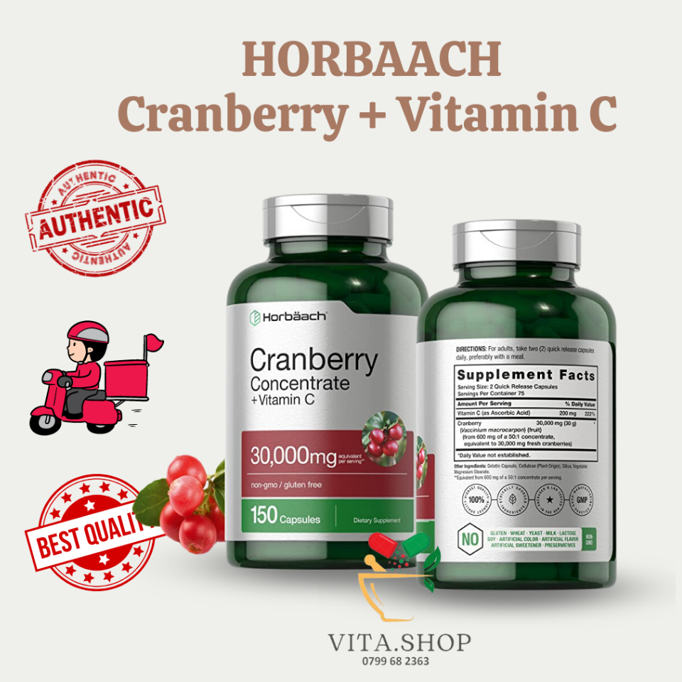 Horbaach Cranberry 30000mg + Vitamin C Viên Uống Hỗ Trợ Bàng Quang Và Tiết Niệu Khỏe Mạnh 150 Viên