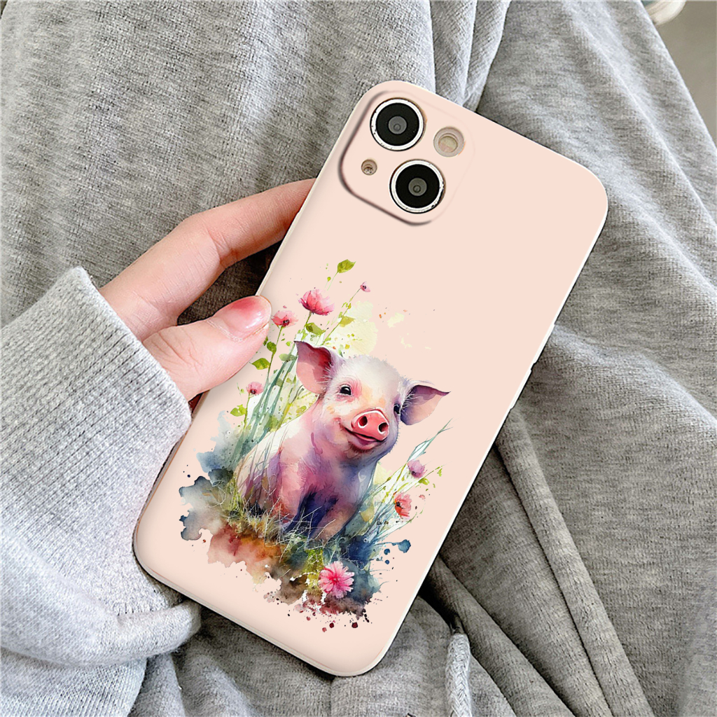 Ốp lưng iPhone Lợn con bên khóm hoa siêu yêu bảo vệ camera cho ip 6/6s/7/8/X/XS/11/12/13/14 Pro Plus Max e5716
