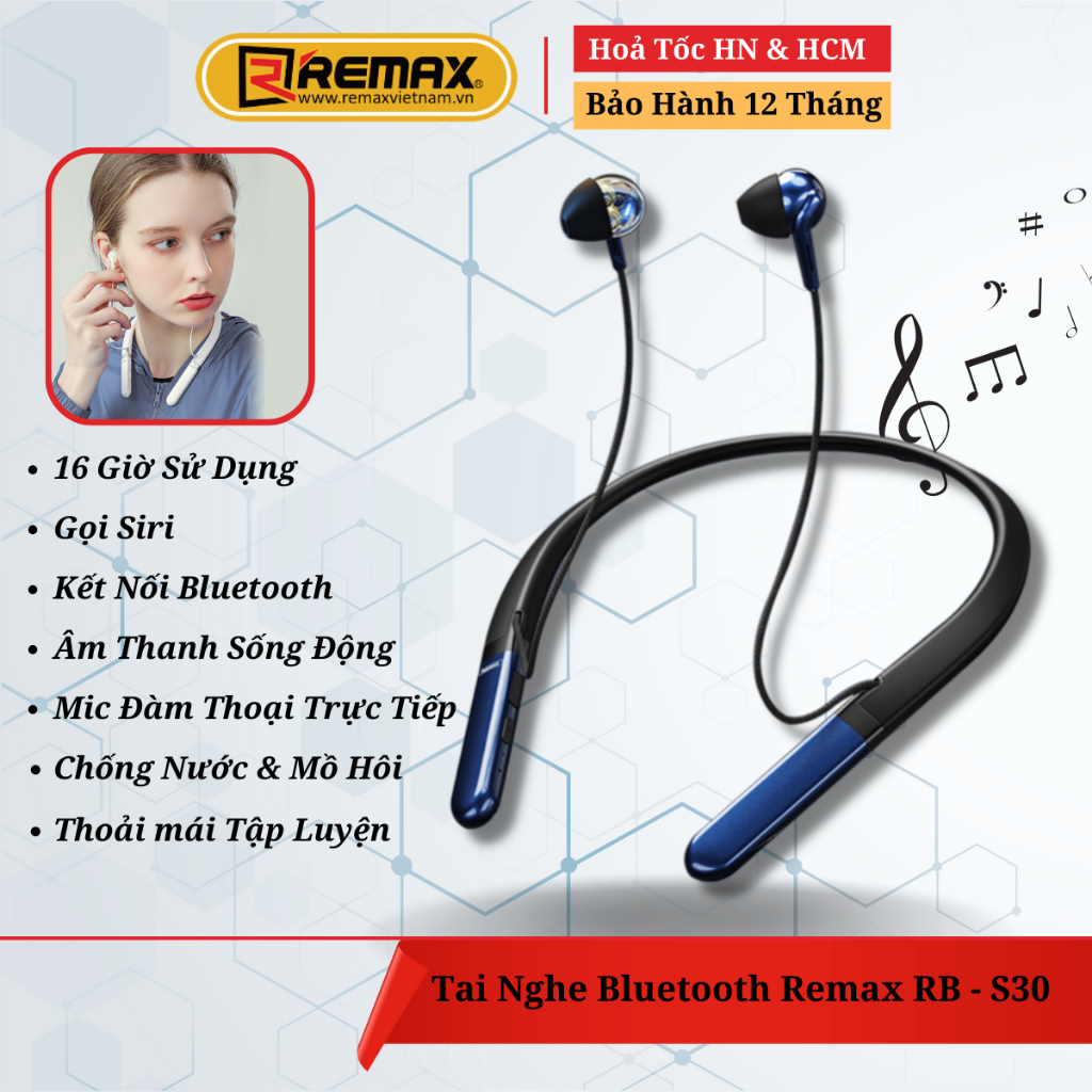 Tai Nghe Thể Thao Bluetooth 5.0 Đeo Cổ , Âm Thanh Sống Động - Remax Việt Nam RB-S30 - Bảo Hành 12 Tháng