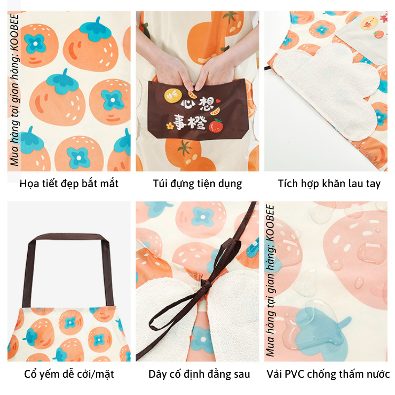 Tạp dề chống nước chống thấm PVC cổ yếm có túi đựng và khăn lau tay họa tiết quả cam quả hồng cực hot (CSNC35)